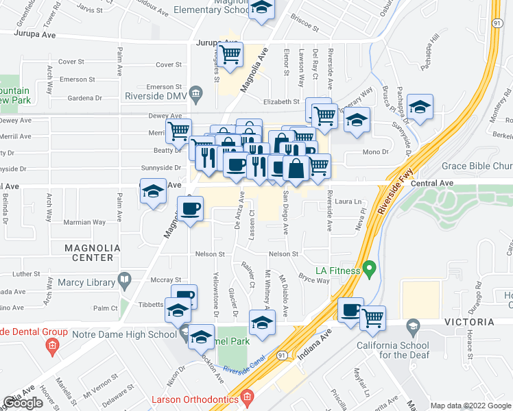 map of restaurants, bars, coffee shops, grocery stores, and more near 6558 Lassen Court in Riverside