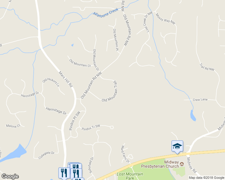 map of restaurants, bars, coffee shops, grocery stores, and more near 5081 Old Mountain Trail in Powder Springs