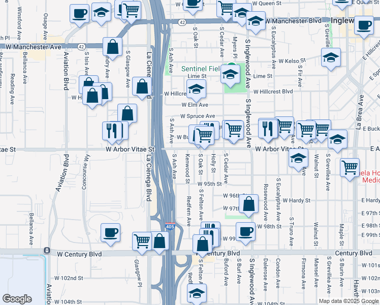 map of restaurants, bars, coffee shops, grocery stores, and more near 618 West Arbor Vitae Street in Inglewood