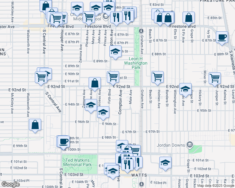map of restaurants, bars, coffee shops, grocery stores, and more near 9229 Compton Avenue in Los Angeles