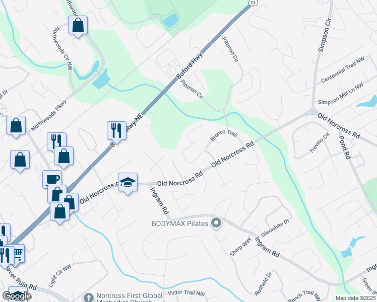 map of restaurants, bars, coffee shops, grocery stores, and more near 2494 Bronco Trail in Duluth