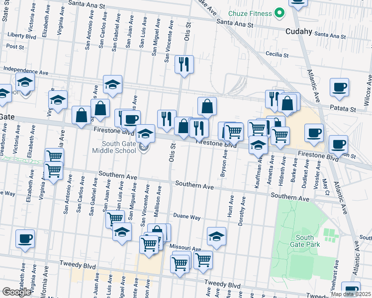 map of restaurants, bars, coffee shops, grocery stores, and more near 8919 McNerney Avenue in South Gate