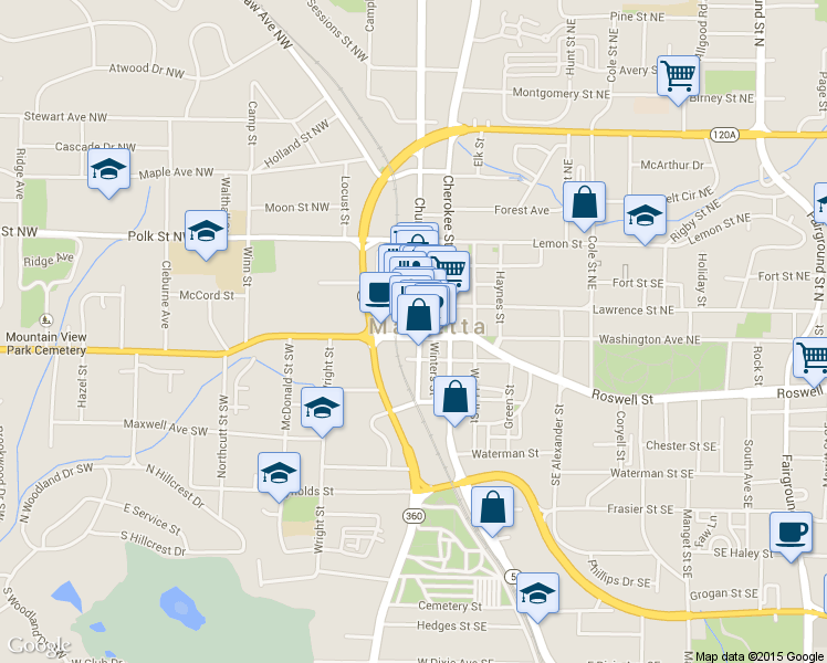 map of restaurants, bars, coffee shops, grocery stores, and more near 13 West Park Square in Marietta