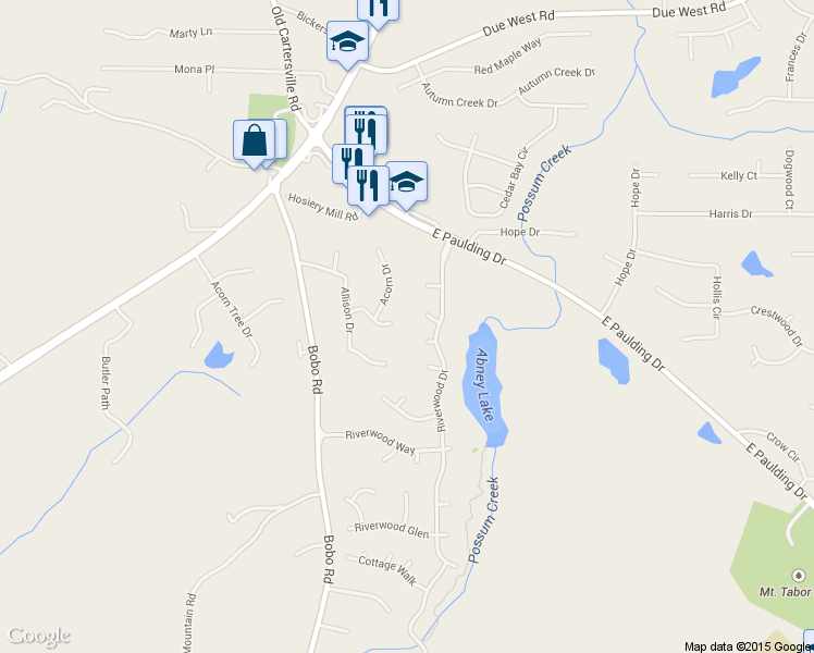 map of restaurants, bars, coffee shops, grocery stores, and more near 124 Thunderwood Trail in Dallas