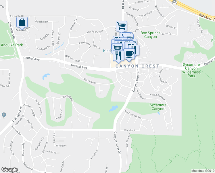 map of restaurants, bars, coffee shops, grocery stores, and more near 1030 Vía Pintada in Riverside