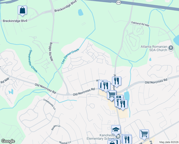 map of restaurants, bars, coffee shops, grocery stores, and more near 1348 Wildflower Downs in Lawrenceville