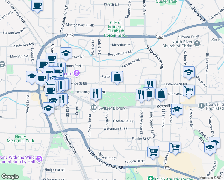 map of restaurants, bars, coffee shops, grocery stores, and more near 351 Washington Avenue Northeast in Marietta
