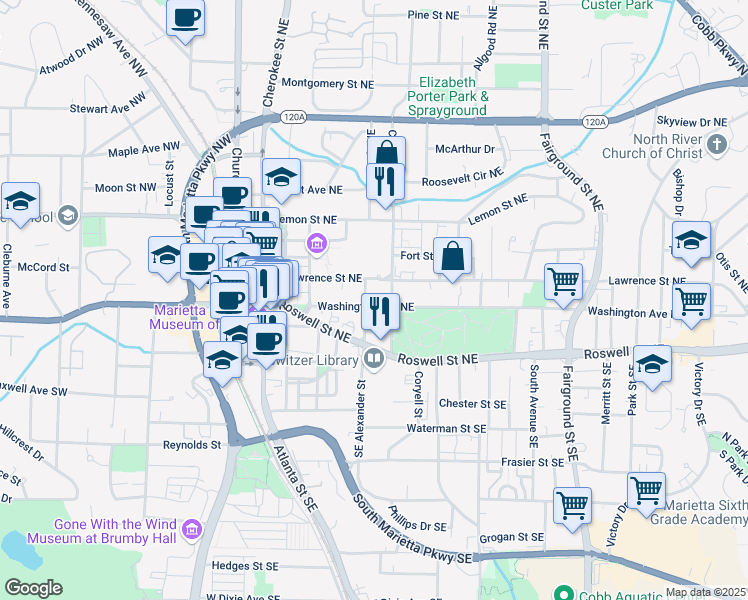map of restaurants, bars, coffee shops, grocery stores, and more near 275 Washington Avenue Northeast in Marietta