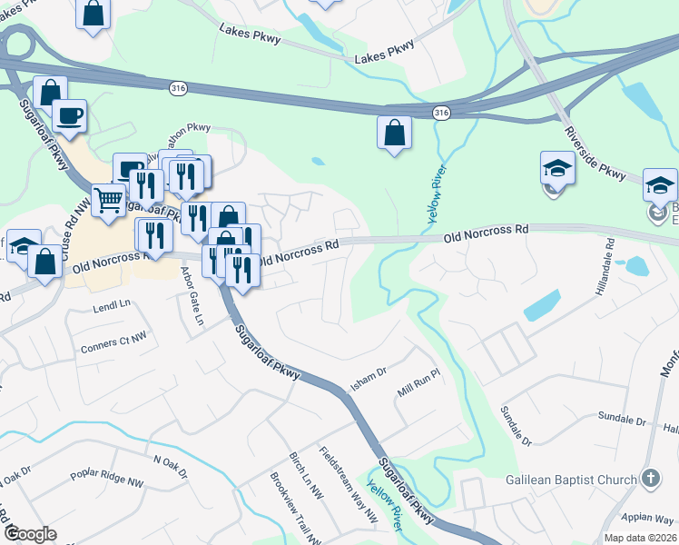 map of restaurants, bars, coffee shops, grocery stores, and more near 770 Winding River Drive in Lawrenceville