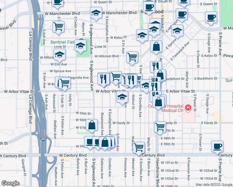 map of restaurants, bars, coffee shops, grocery stores, and more near 27 West Arbor Vitae Street in Inglewood