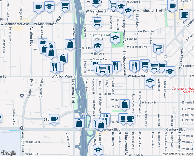 map of restaurants, bars, coffee shops, grocery stores, and more near 614 West Arbor Vitae Street in Inglewood
