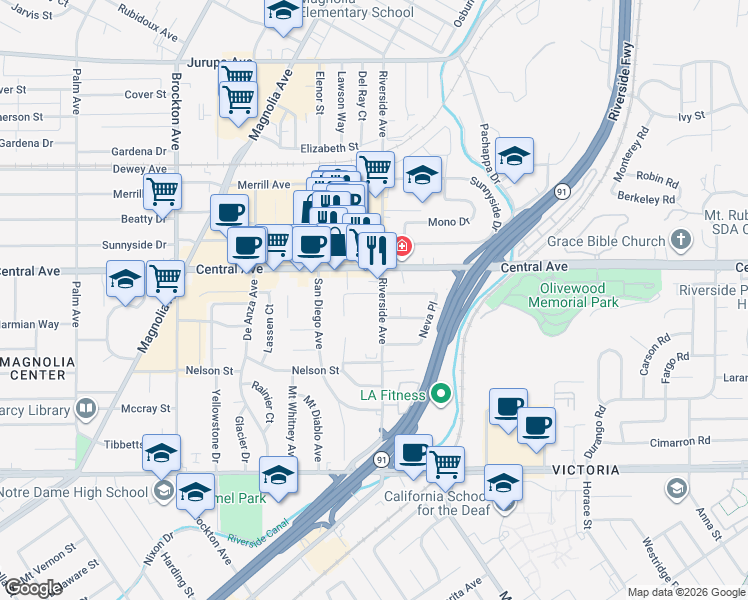 map of restaurants, bars, coffee shops, grocery stores, and more near 6349 Riverside Avenue in Riverside