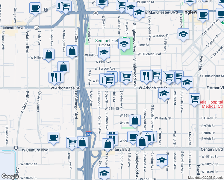 map of restaurants, bars, coffee shops, grocery stores, and more near 530 West Arbor Vitae Street in Inglewood