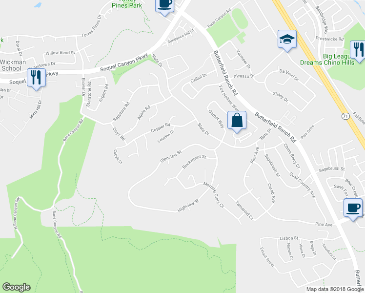 map of restaurants, bars, coffee shops, grocery stores, and more near 5088 Glenview Street in Chino Hills