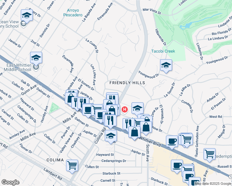 map of restaurants, bars, coffee shops, grocery stores, and more near 15146 La Calma Drive in Whittier