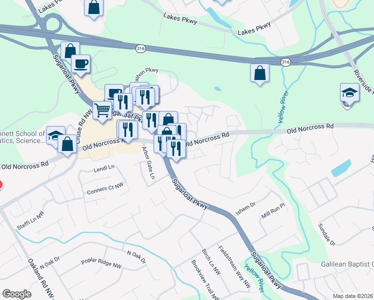 map of restaurants, bars, coffee shops, grocery stores, and more near 1849 Coleville Oak Lane in Lawrenceville