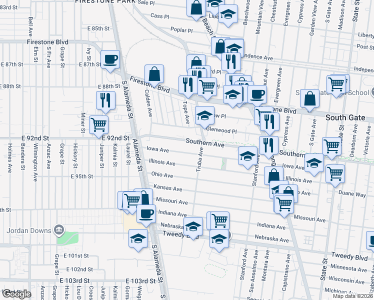 map of restaurants, bars, coffee shops, grocery stores, and more near 2551 Iowa Avenue in South Gate
