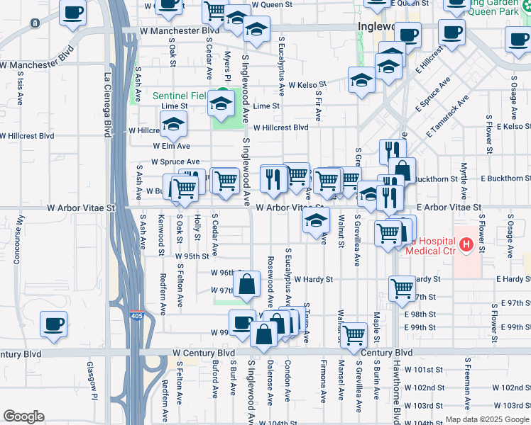 map of restaurants, bars, coffee shops, grocery stores, and more near 330 West Arbor Vitae Street in Inglewood