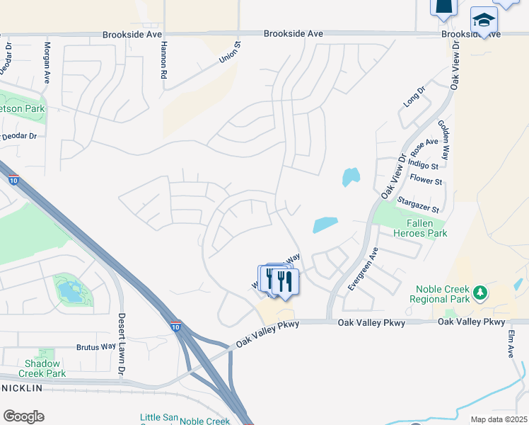 map of restaurants, bars, coffee shops, grocery stores, and more near 1589 Castle Pines Lane in Beaumont