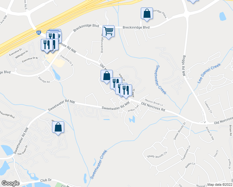 map of restaurants, bars, coffee shops, grocery stores, and more near 2930 Old Norcross Road in Duluth