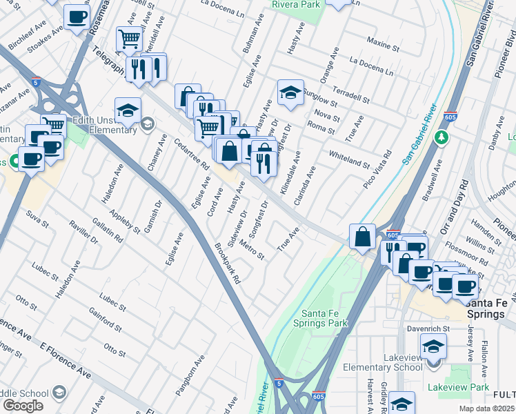 map of restaurants, bars, coffee shops, grocery stores, and more near 9127 Songfest Drive in Downey