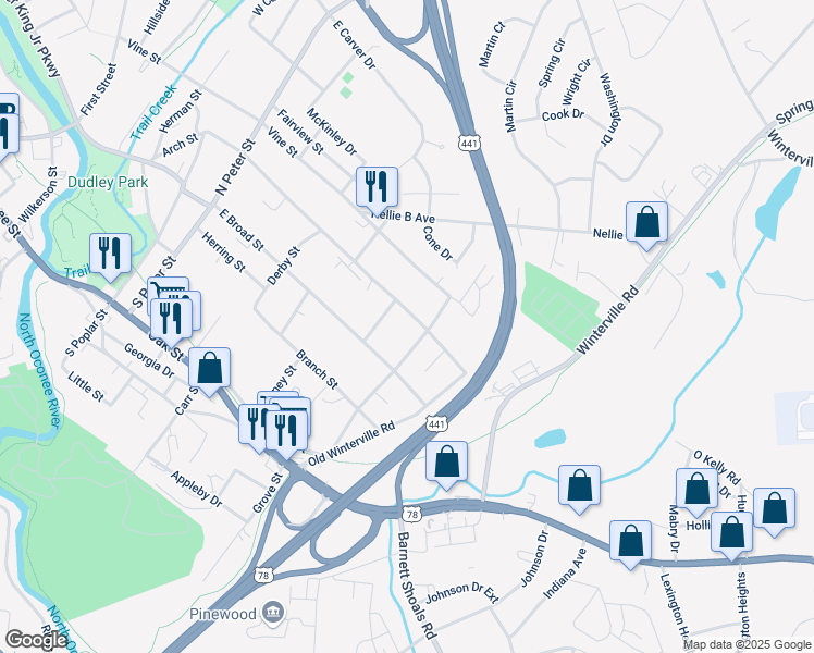 map of restaurants, bars, coffee shops, grocery stores, and more near 342 Arch Street in Athens