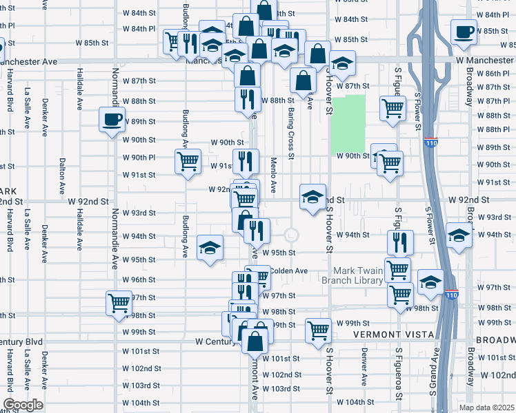 map of restaurants, bars, coffee shops, grocery stores, and more near 9212 Vermont Avenue in Los Angeles