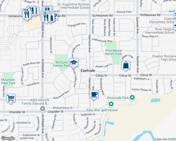 map of restaurants, bars, coffee shops, grocery stores, and more near 7859 Jeannie Ann Circle in Corona
