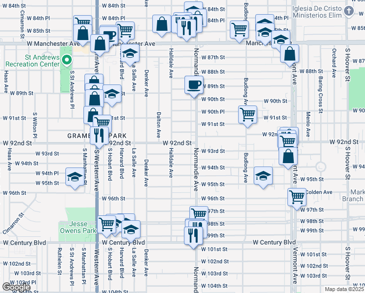 map of restaurants, bars, coffee shops, grocery stores, and more near 1434 West 92nd Street in Los Angeles