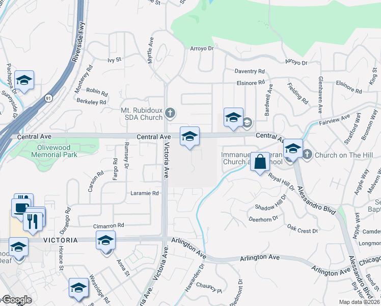 map of restaurants, bars, coffee shops, grocery stores, and more near 5450 Victoria Avenue in Riverside