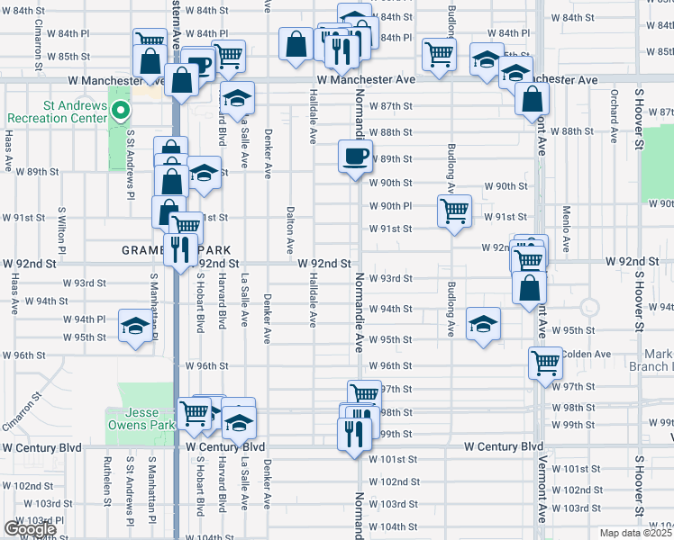 map of restaurants, bars, coffee shops, grocery stores, and more near 1428 West 92nd Street in Los Angeles