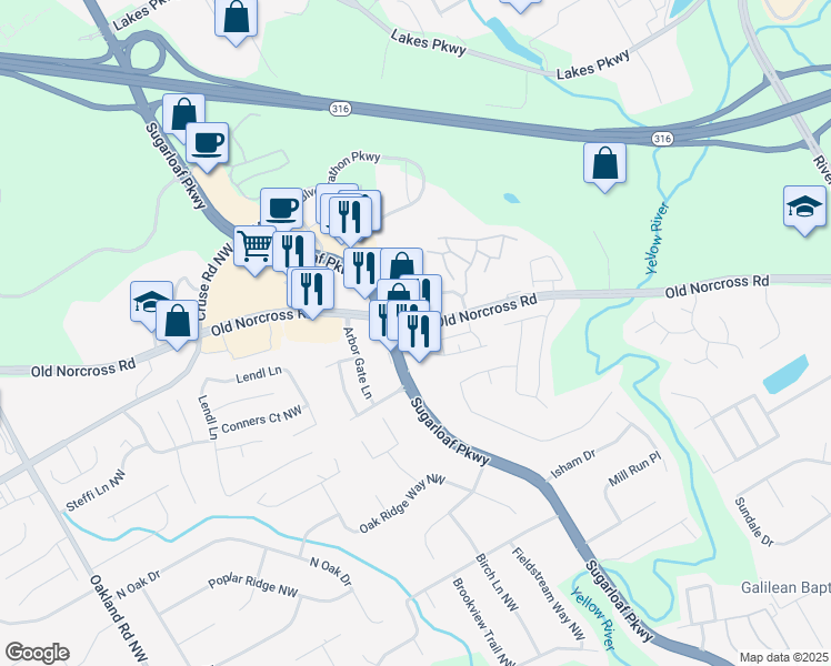 map of restaurants, bars, coffee shops, grocery stores, and more near 1700 Old Norcross Road in Lawrenceville