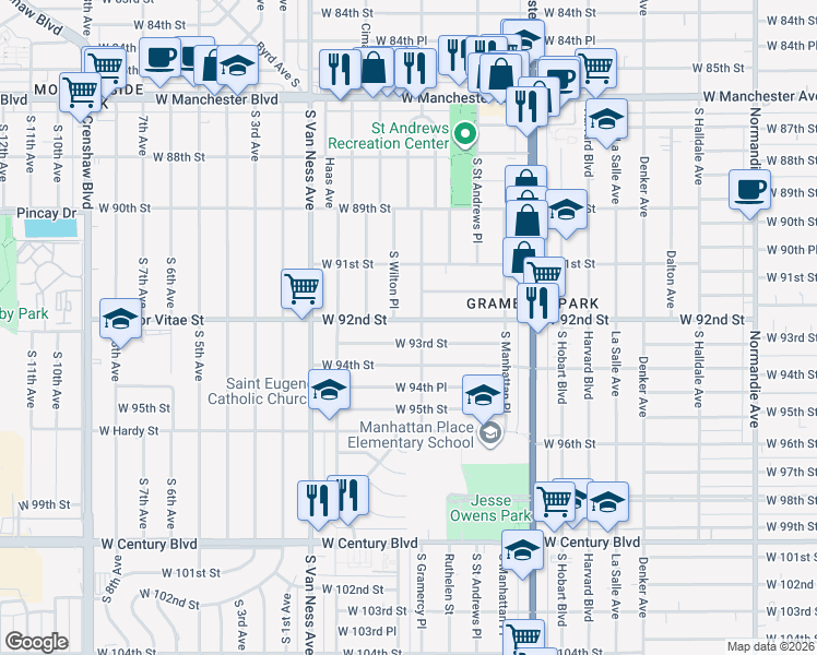 map of restaurants, bars, coffee shops, grocery stores, and more near 2010 West 92nd Street in Los Angeles
