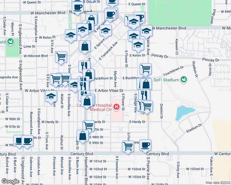 map of restaurants, bars, coffee shops, grocery stores, and more near 510 East Arbor Vitae Street in Inglewood