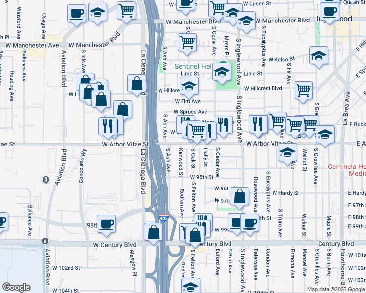 map of restaurants, bars, coffee shops, grocery stores, and more near 618 West Arbor Vitae Street in Inglewood