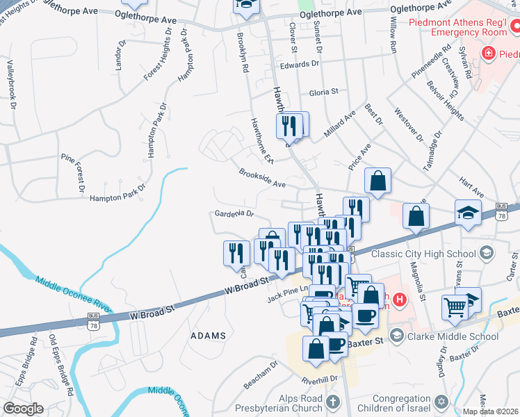 map of restaurants, bars, coffee shops, grocery stores, and more near 130 Helen Street in Athens