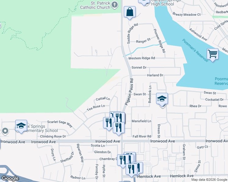 map of restaurants, bars, coffee shops, grocery stores, and more near 11649 Blue Lupin Lane in Moreno Valley