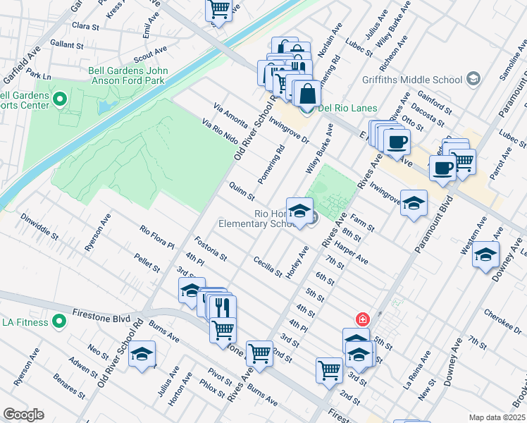 map of restaurants, bars, coffee shops, grocery stores, and more near 7530 Quinn Street in Downey