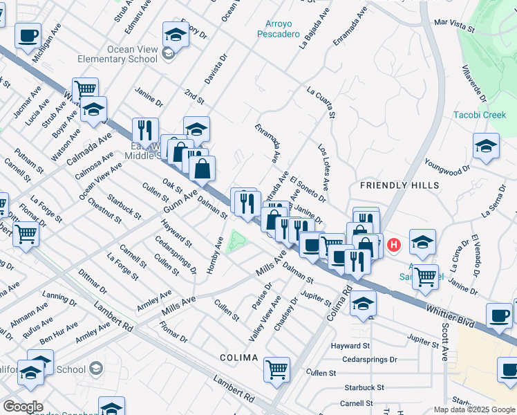 map of restaurants, bars, coffee shops, grocery stores, and more near 8937 La Entrada Avenue in Whittier