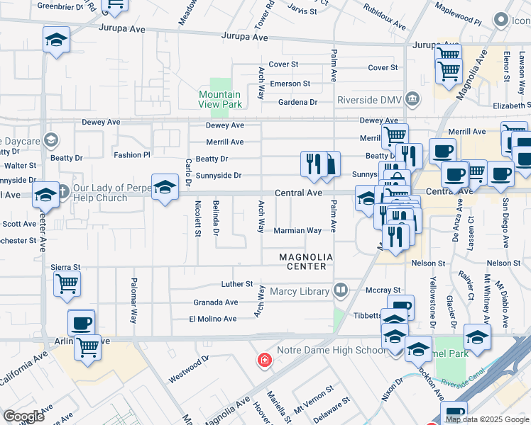 map of restaurants, bars, coffee shops, grocery stores, and more near 6650 Arch Way in Riverside
