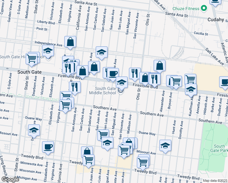 map of restaurants, bars, coffee shops, grocery stores, and more near 8936 San Luis Avenue in South Gate