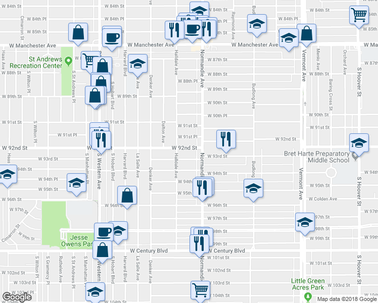 map of restaurants, bars, coffee shops, grocery stores, and more near 1428 West 92nd Street in Los Angeles