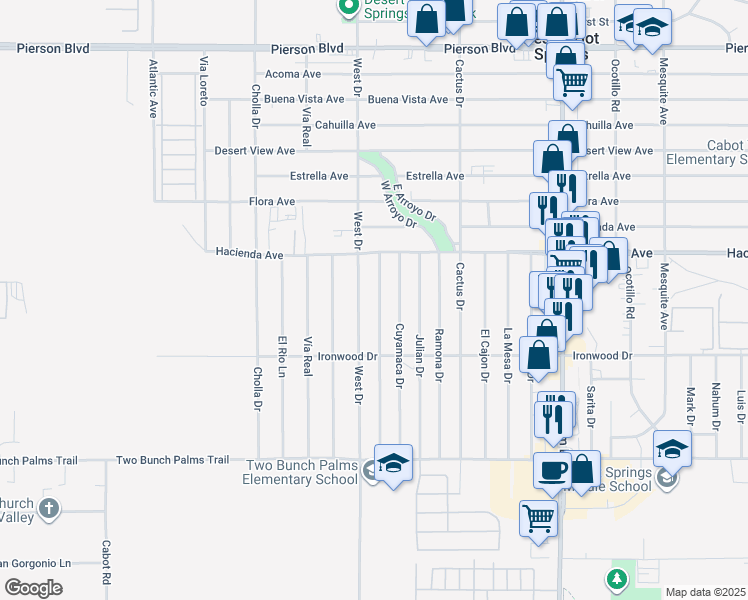 map of restaurants, bars, coffee shops, grocery stores, and more near 13227 Santa Ysabel Drive in Desert Hot Springs