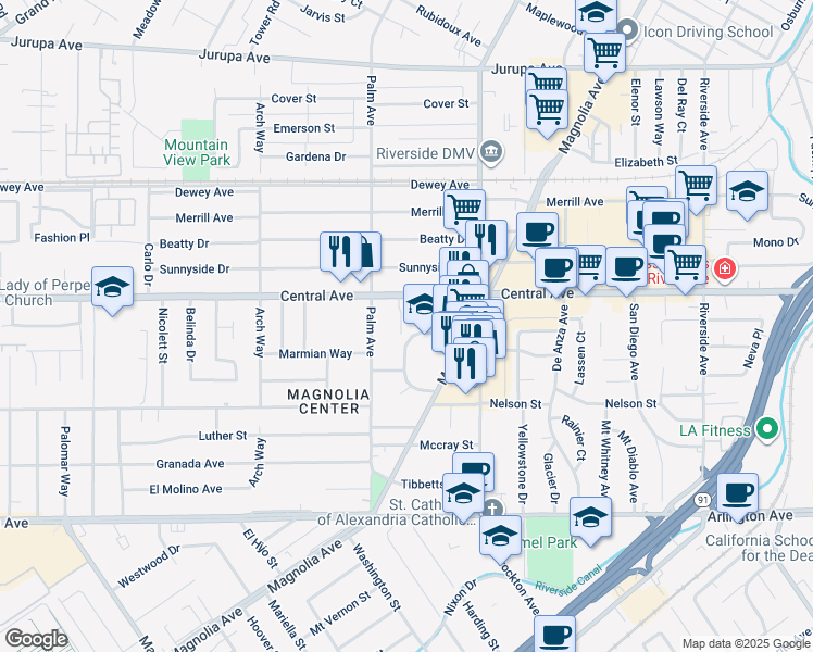 map of restaurants, bars, coffee shops, grocery stores, and more near 6668 Navel Court in Riverside
