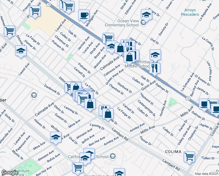 map of restaurants, bars, coffee shops, grocery stores, and more near 9111 Cedargrove Avenue in Whittier