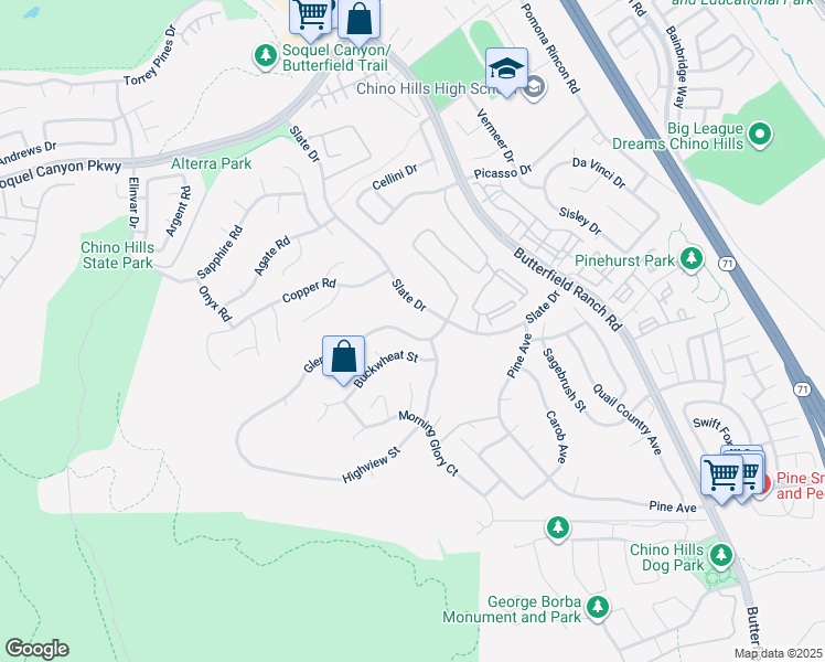 map of restaurants, bars, coffee shops, grocery stores, and more near 5176 Glenview Street in Chino Hills