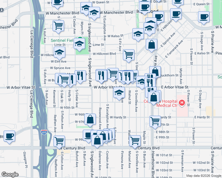 map of restaurants, bars, coffee shops, grocery stores, and more near 248 West Arbor Vitae Street in Inglewood