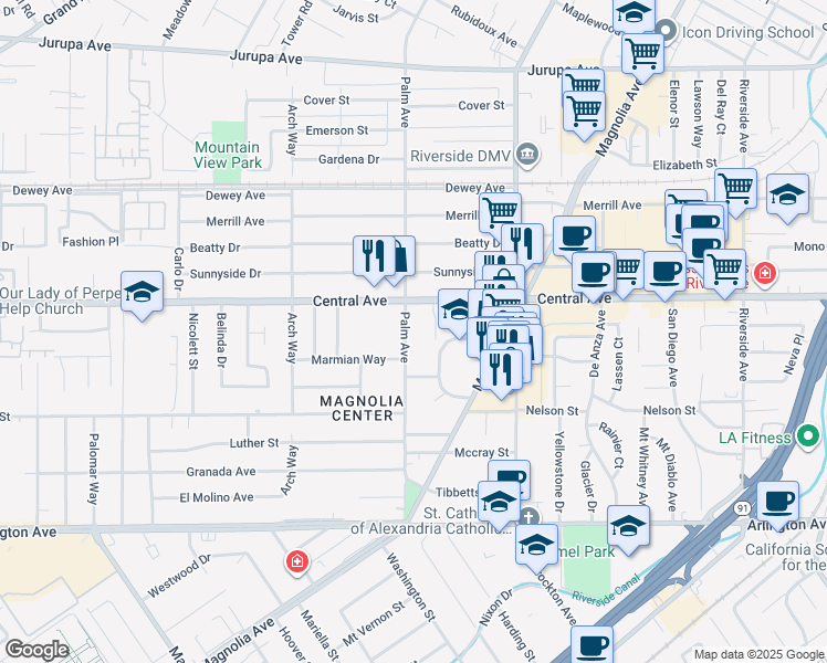 map of restaurants, bars, coffee shops, grocery stores, and more near 6650 Palm Avenue in Riverside