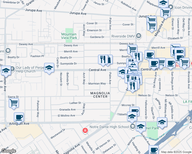 map of restaurants, bars, coffee shops, grocery stores, and more near 6650 Calvin Court in Riverside