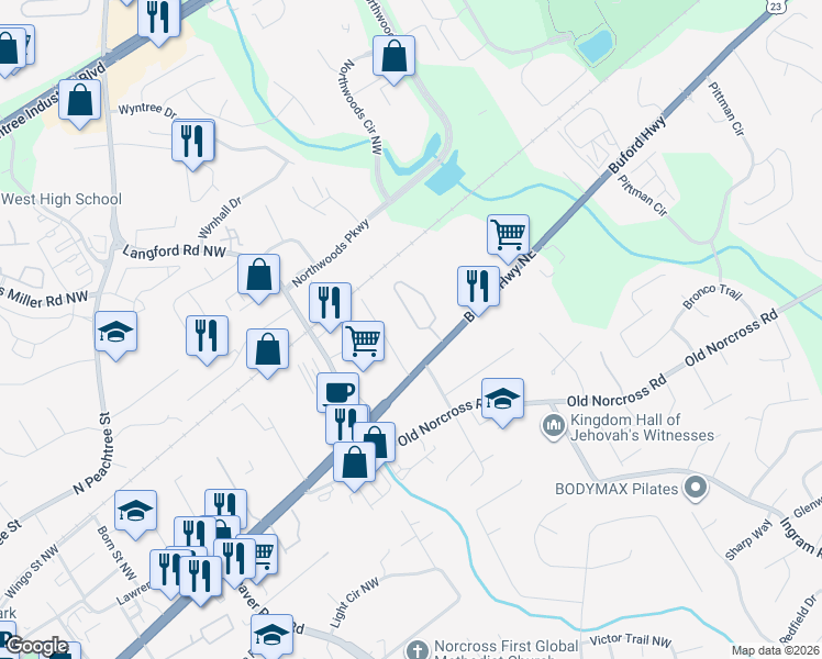 map of restaurants, bars, coffee shops, grocery stores, and more near 2860 Smith Ridge Trace in Peachtree Corners
